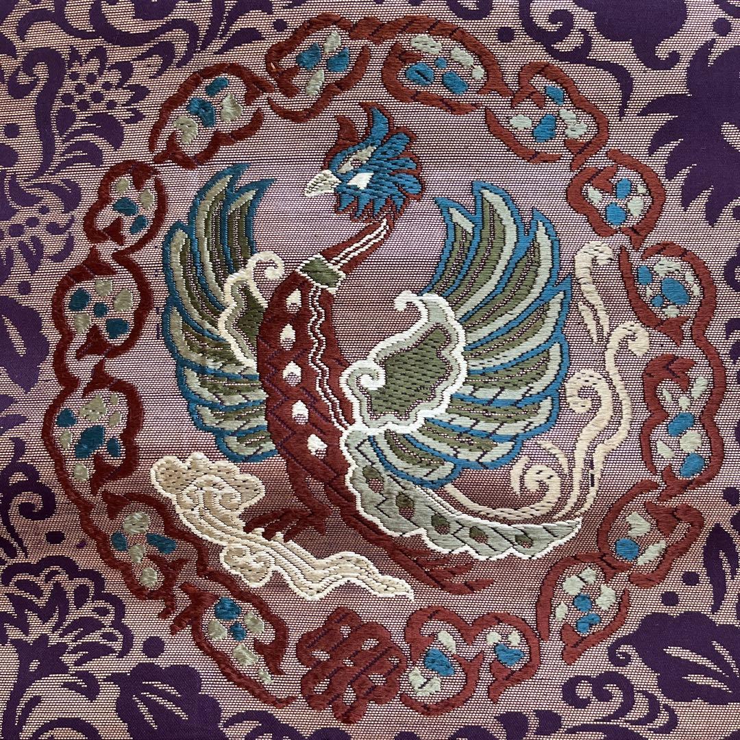 丸帯 アンティーク 正絹 龍と鳳凰 更紗 ブラウンゴールド 紫 緑 難あり