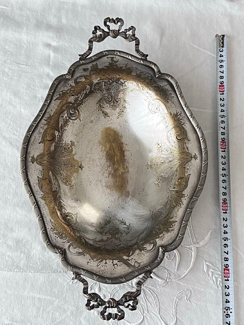 美品】フランスアンティーク リボンモチーフ シルバー 大きなトレー[3675]