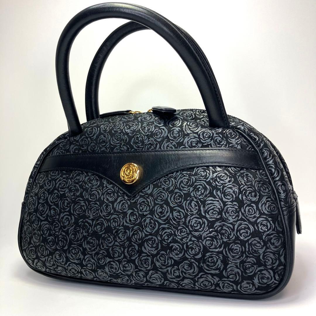 印傳屋 INDENYA ハンドバッグ 薔薇柄 鹿革 黒地 黒漆 レザー 花柄