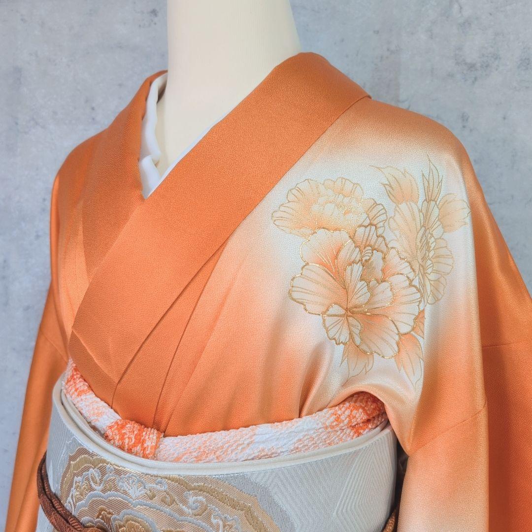 訪問着 フルセット 着物 正絹 オレンジ 橙 明るい 金駒刺繍 O8 - メルカリ