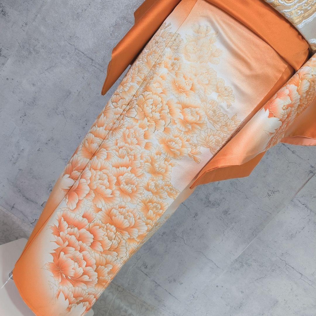 訪問着 フルセット 着物 正絹 オレンジ 橙 明るい 金駒刺繍 O8 - メルカリ