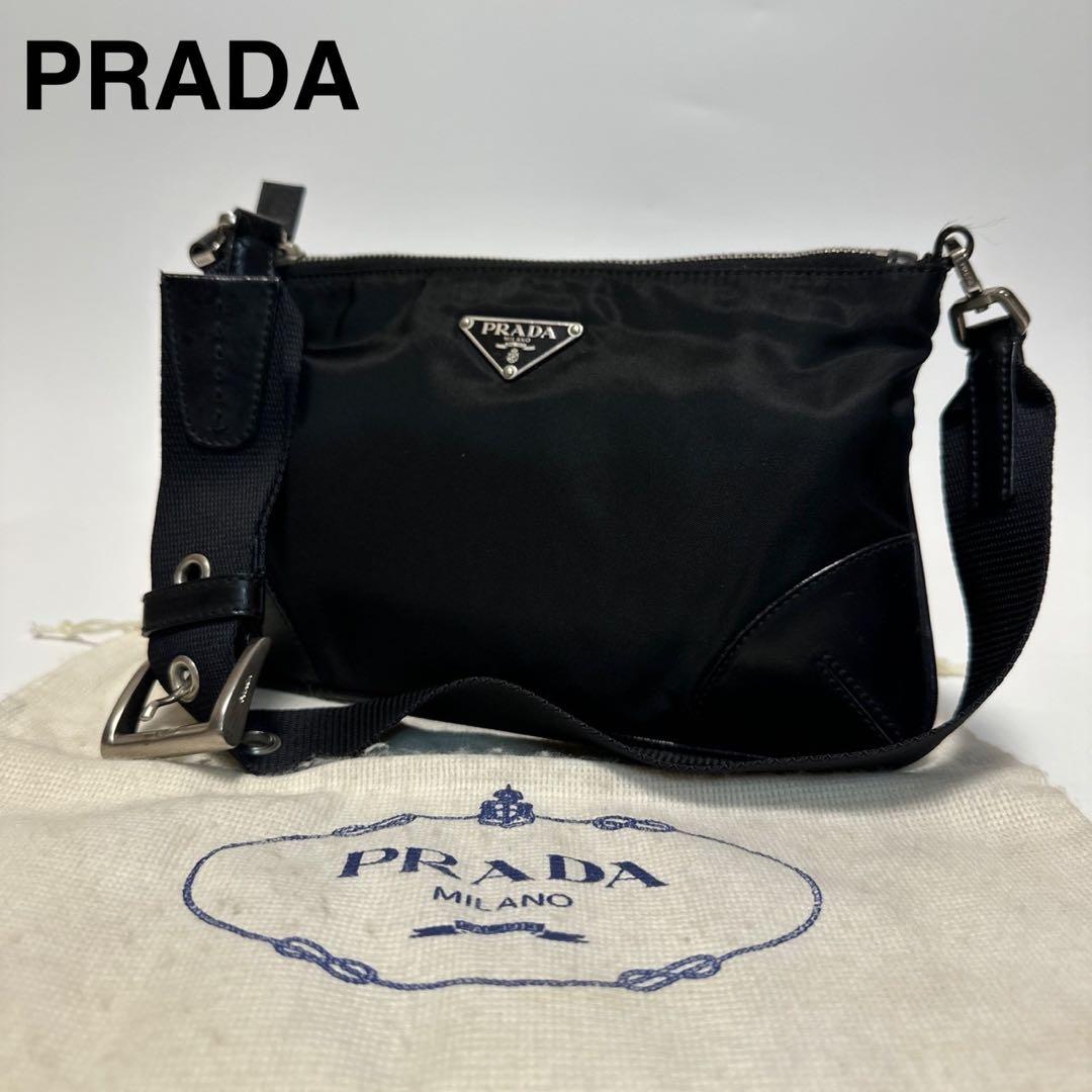 t98【極美品】プラダ 三角ロゴ ナイロン レザー ブラック ショルダー