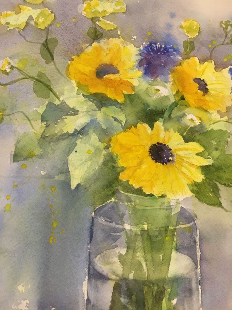 透明水彩画原画夏の花束ひまわり - メルカリ