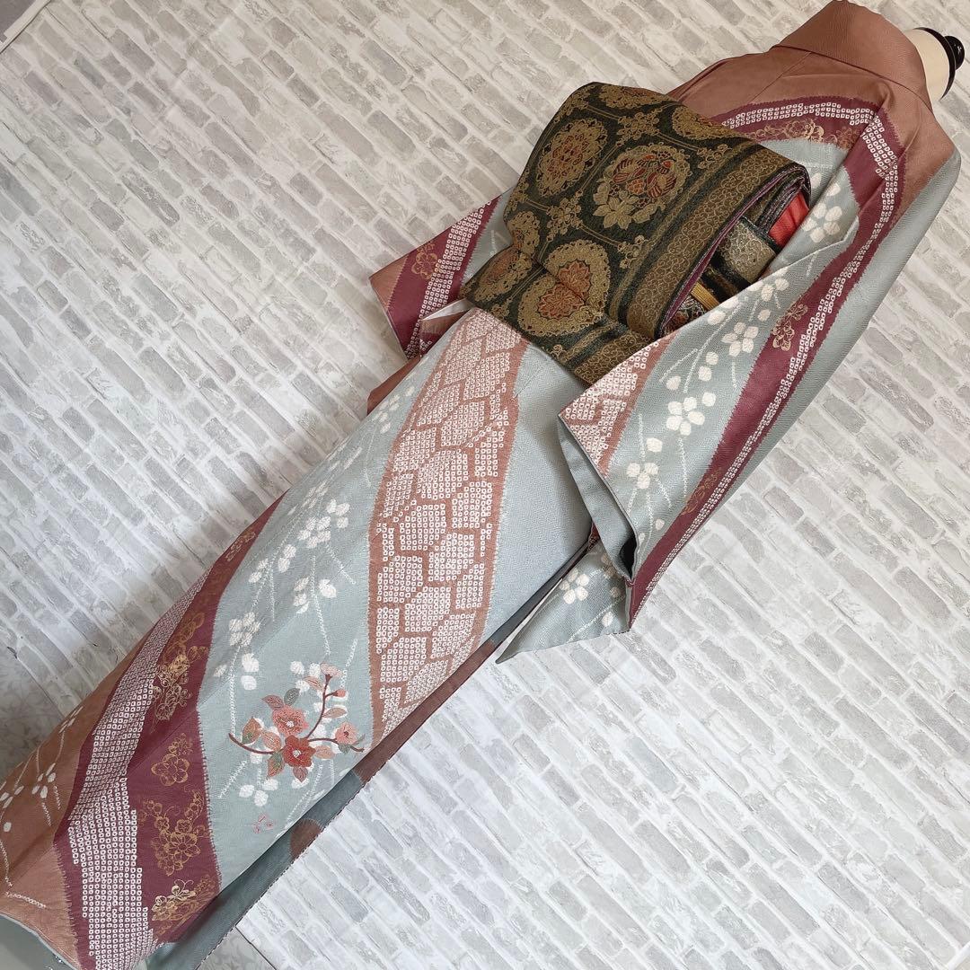 訪問着 フルセット 桜 相良刺繍 絞り 亀甲紋様 入学式 卒業式 着物 Q5