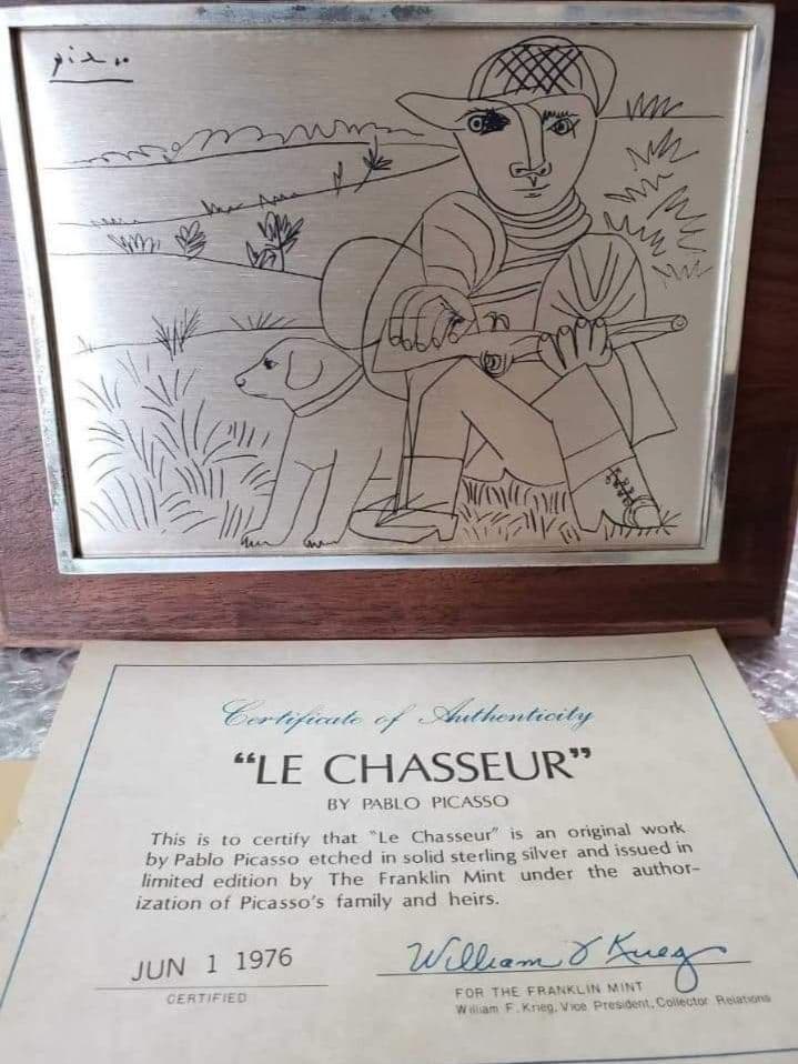 安心の本物保証。PABLOPICASSO作「狩人」ピカソ、純銀製、相続人承諾書