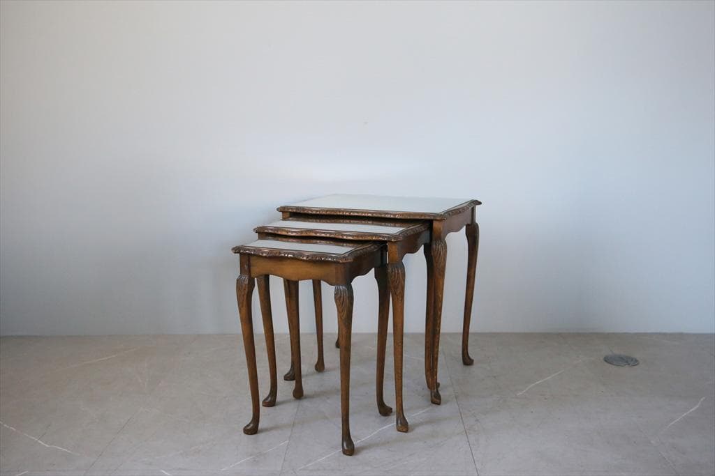 英国アンティーク猫脚ネストテーブル3台/木製机/サイドテーブル(83-182