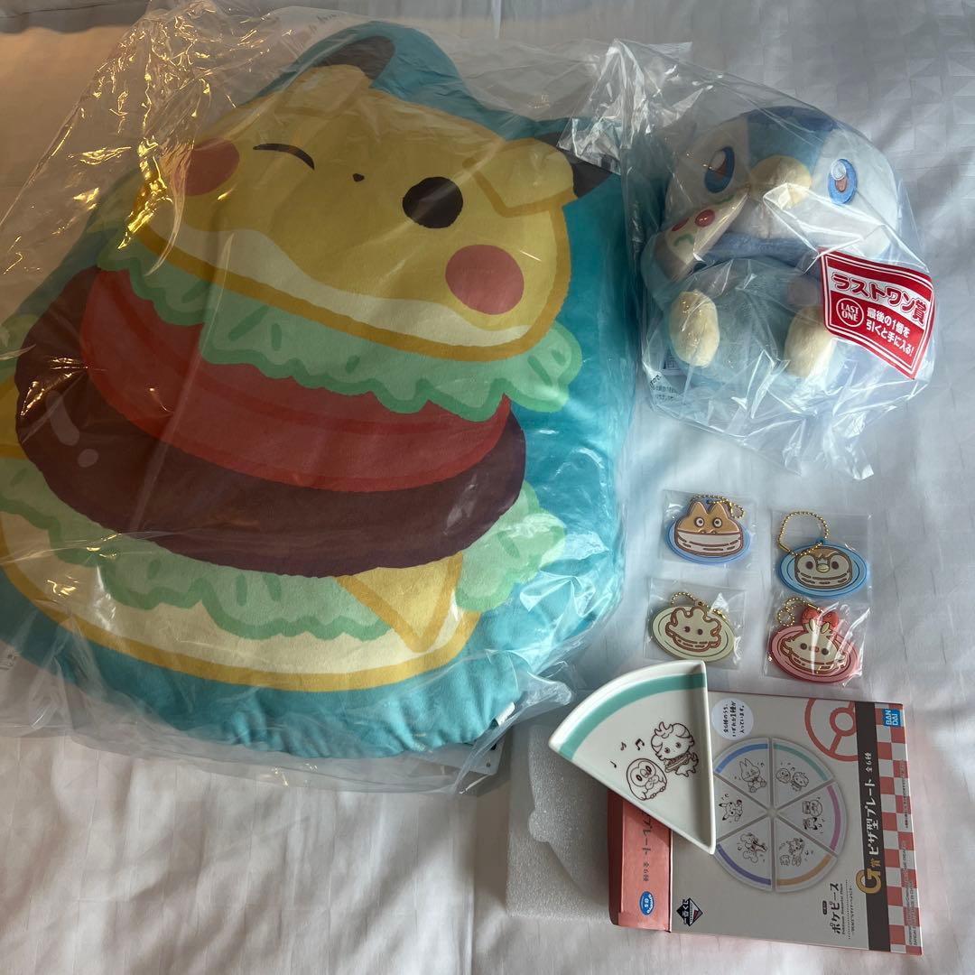 ポケピース 一番くじ D賞 クッション ラストワン賞 ポッチャマ その他計7点 一番くじ ポケピース 〜“PEACE”なダイナーへようこそ〜」，全賞品の