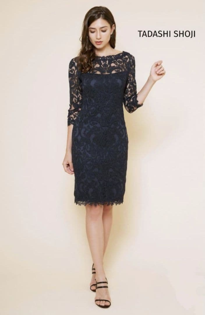 新品タグ付き】タダシショージ ワンピース 膝丈 ドレス レース 0 紺