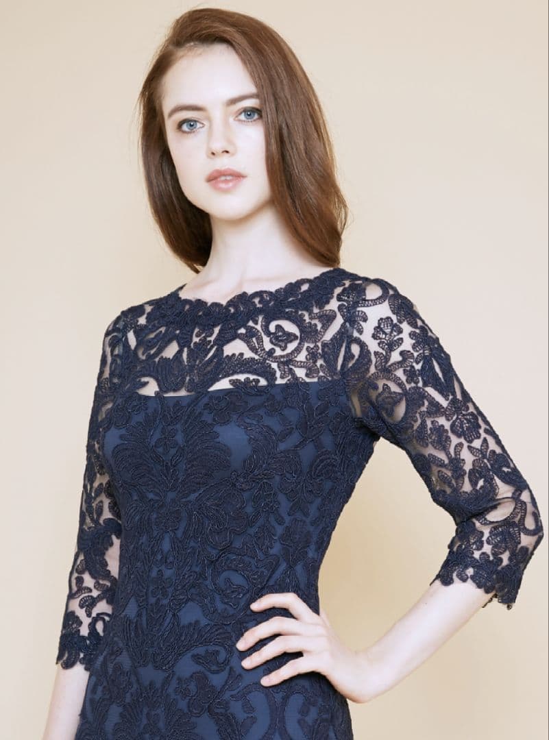 新品タグ付き】タダシショージ ワンピース 膝丈 ドレス レース 0 紺