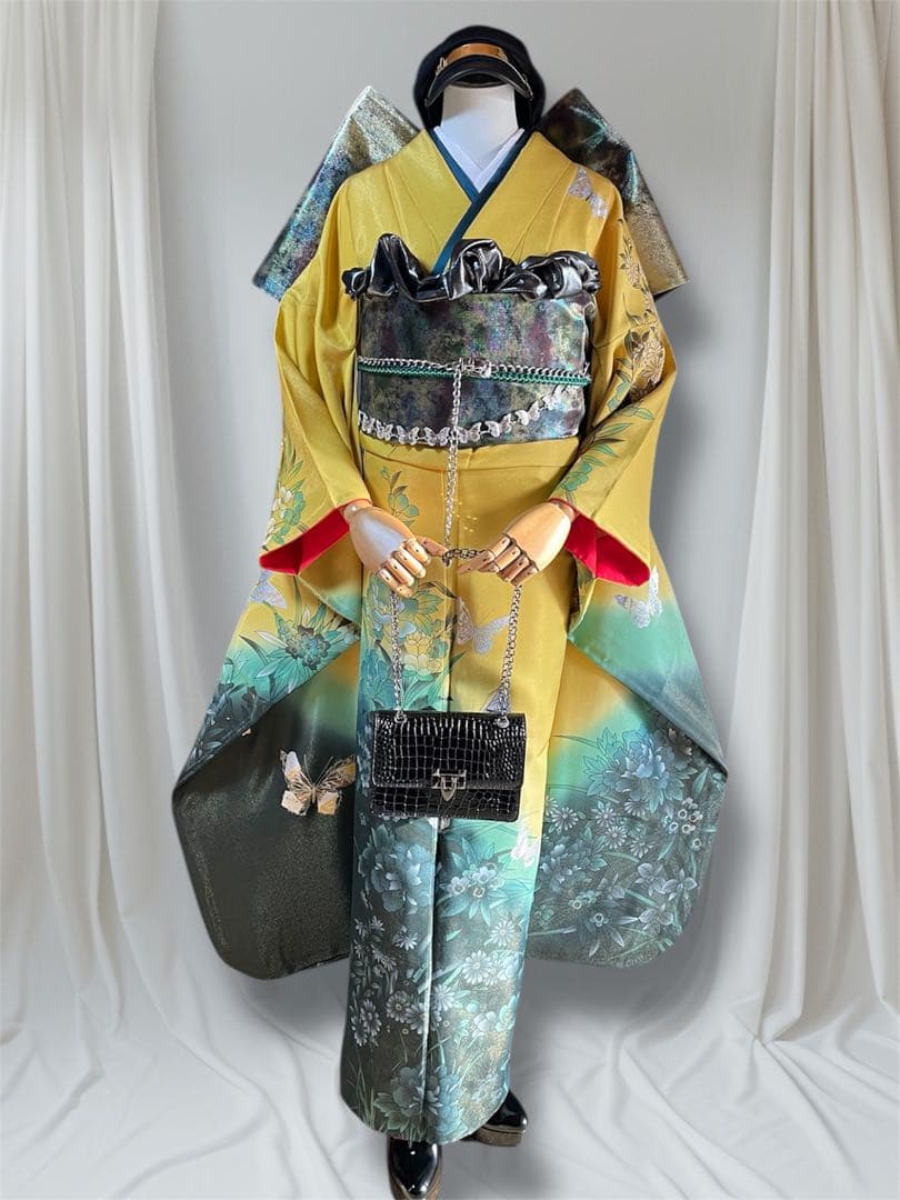 山本寛斎 ファーショール付き イエローグリーン 振袖 フルセット