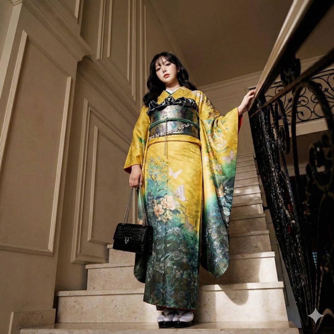 山本寛斎 ファーショール付き イエローグリーン 振袖 フルセット