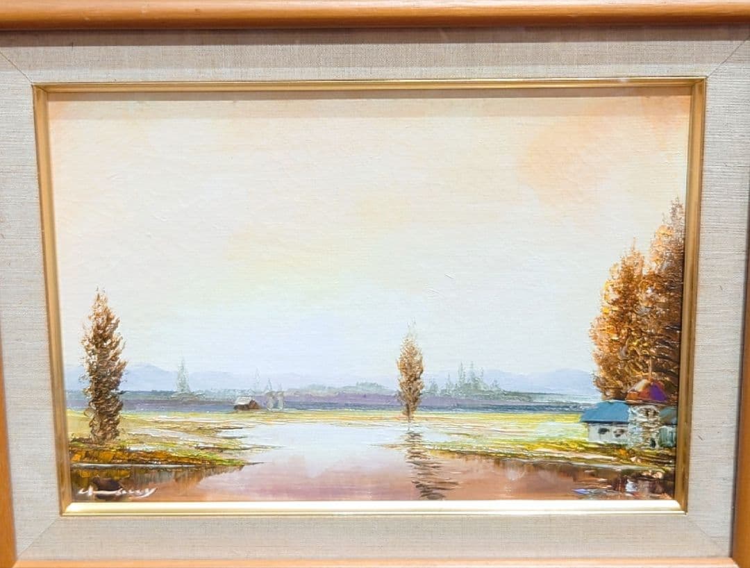 梶木稔】 作家物 サイン 日高牧場 絵画 風景画 油彩 肉筆 油絵 額縁