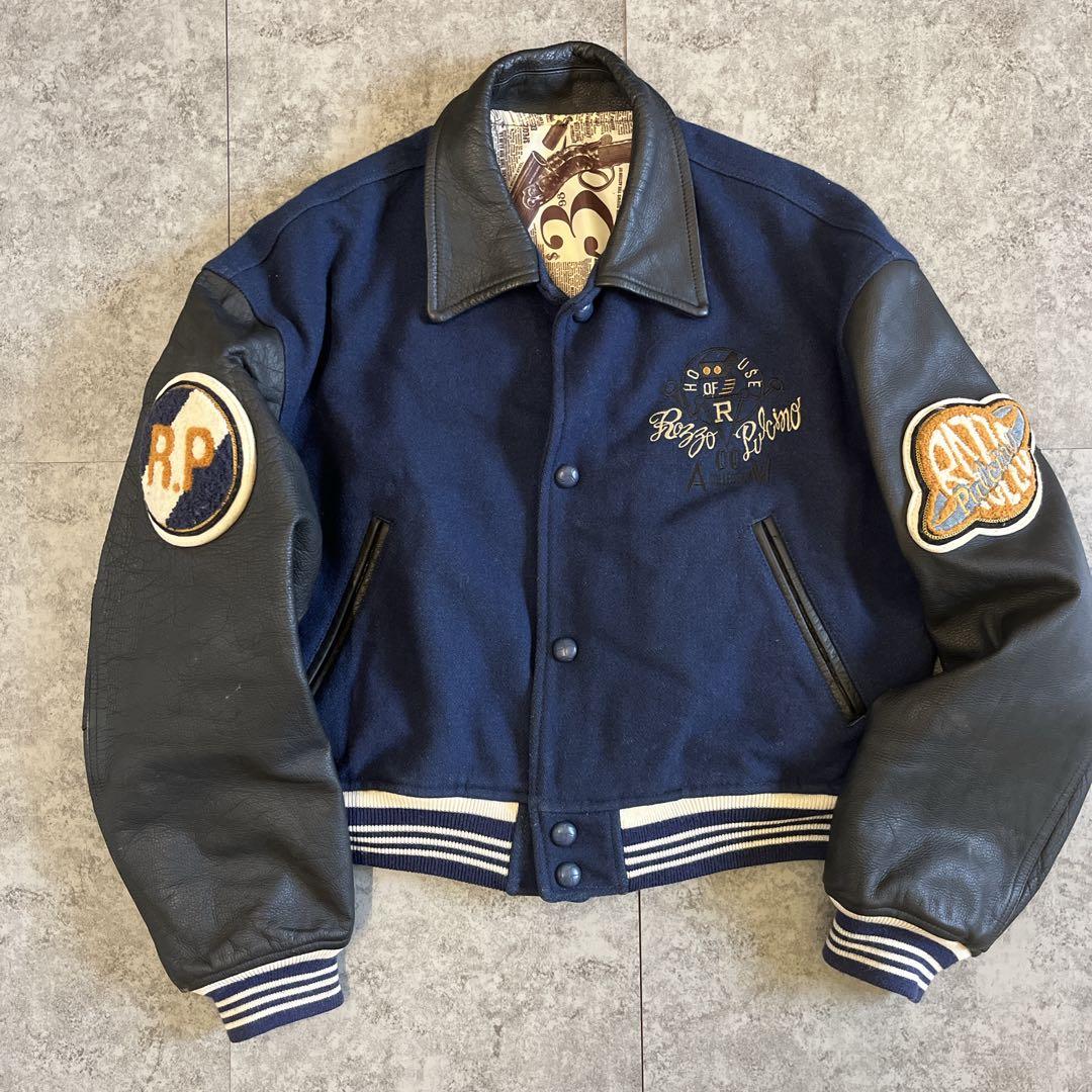 ROZZO スタジャン 短丈 ワッペン レザー 紺×黒 y2k 古着 アメカジ