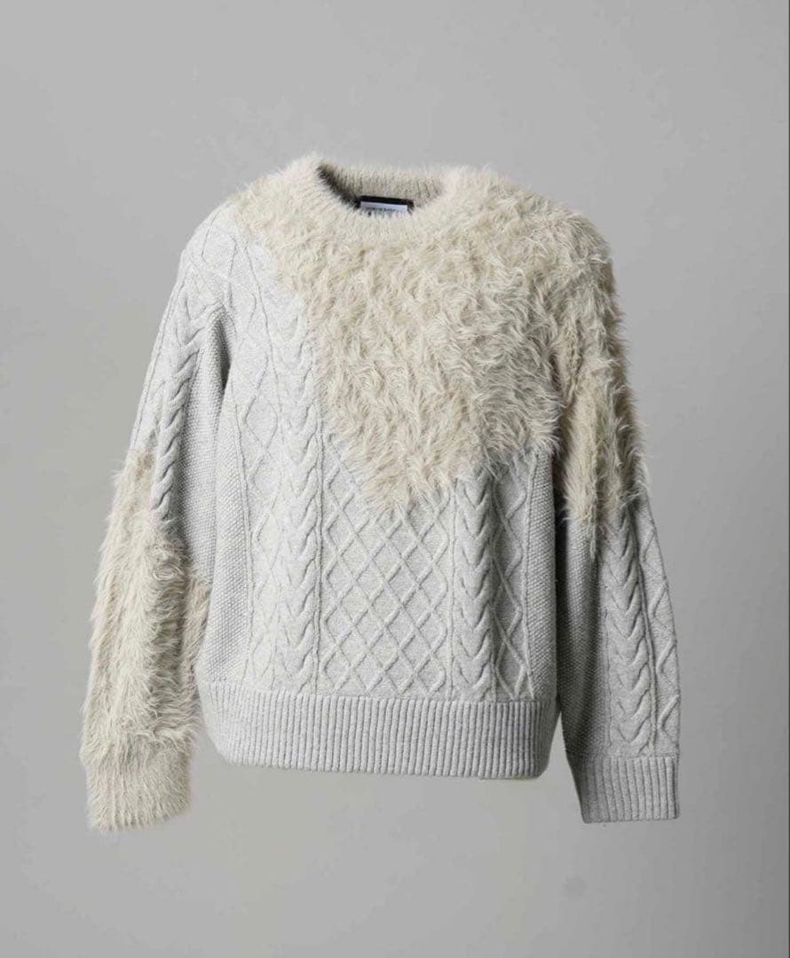 maison special ケーブルシャギーニット グレー Cable Shaggy Mix Prime-Over Crew Neck Knit Pullover