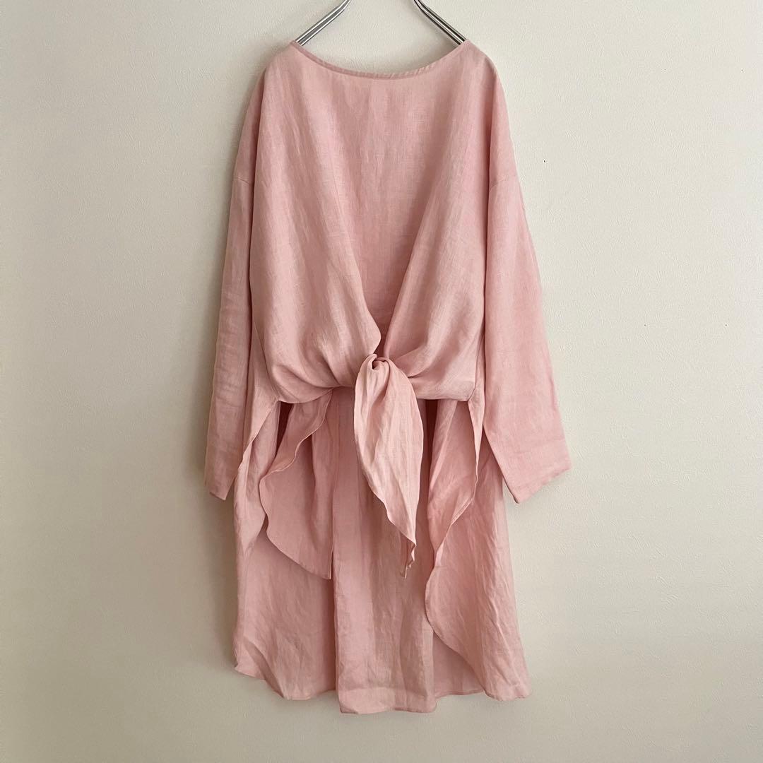 定価2.53万 ビアズリー 前結びリネンチュニックブラウス ピンク 春