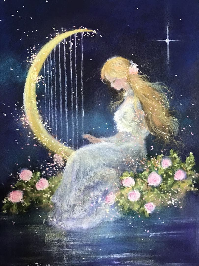 月の竪琴 ハンドメイドパステル画 絵画アート原画 月の竪琴