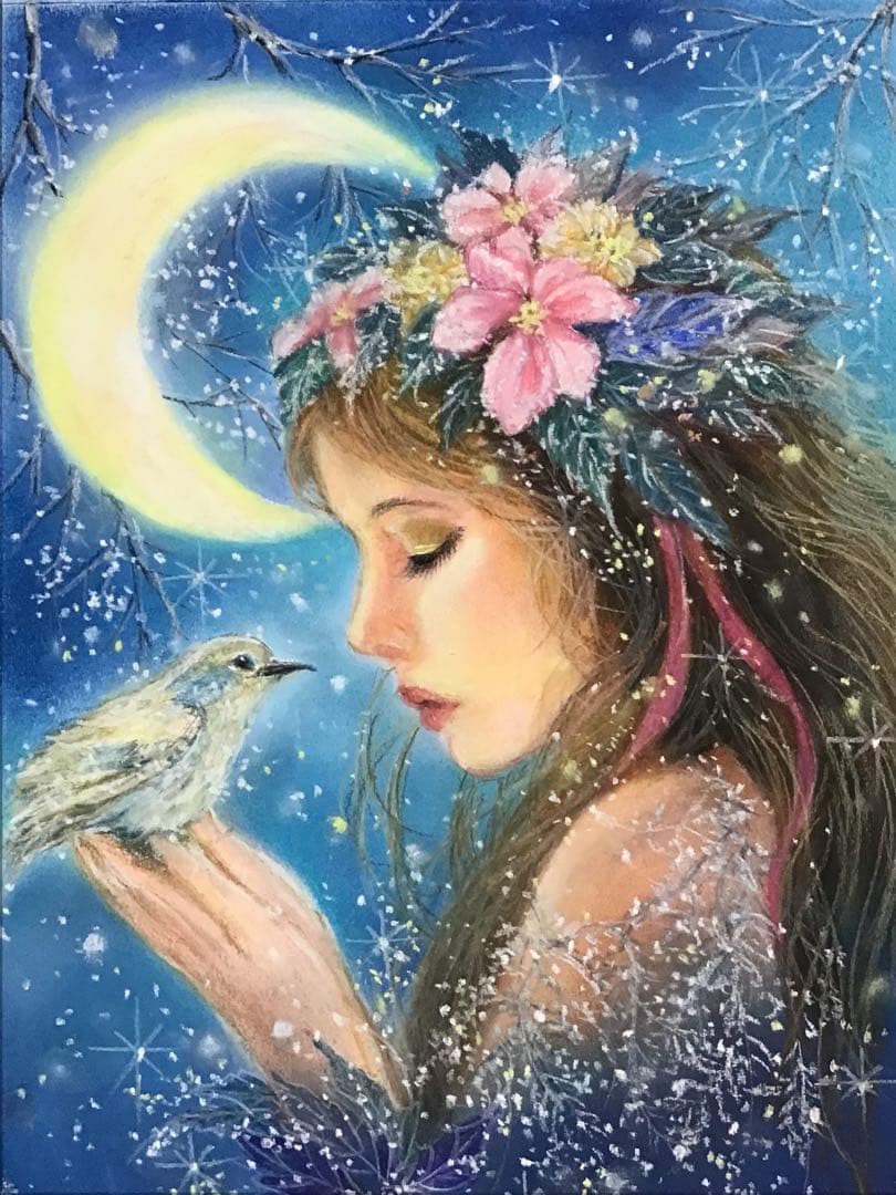 月の竪琴 ハンドメイドパステル画 絵画アート原画 月の竪琴