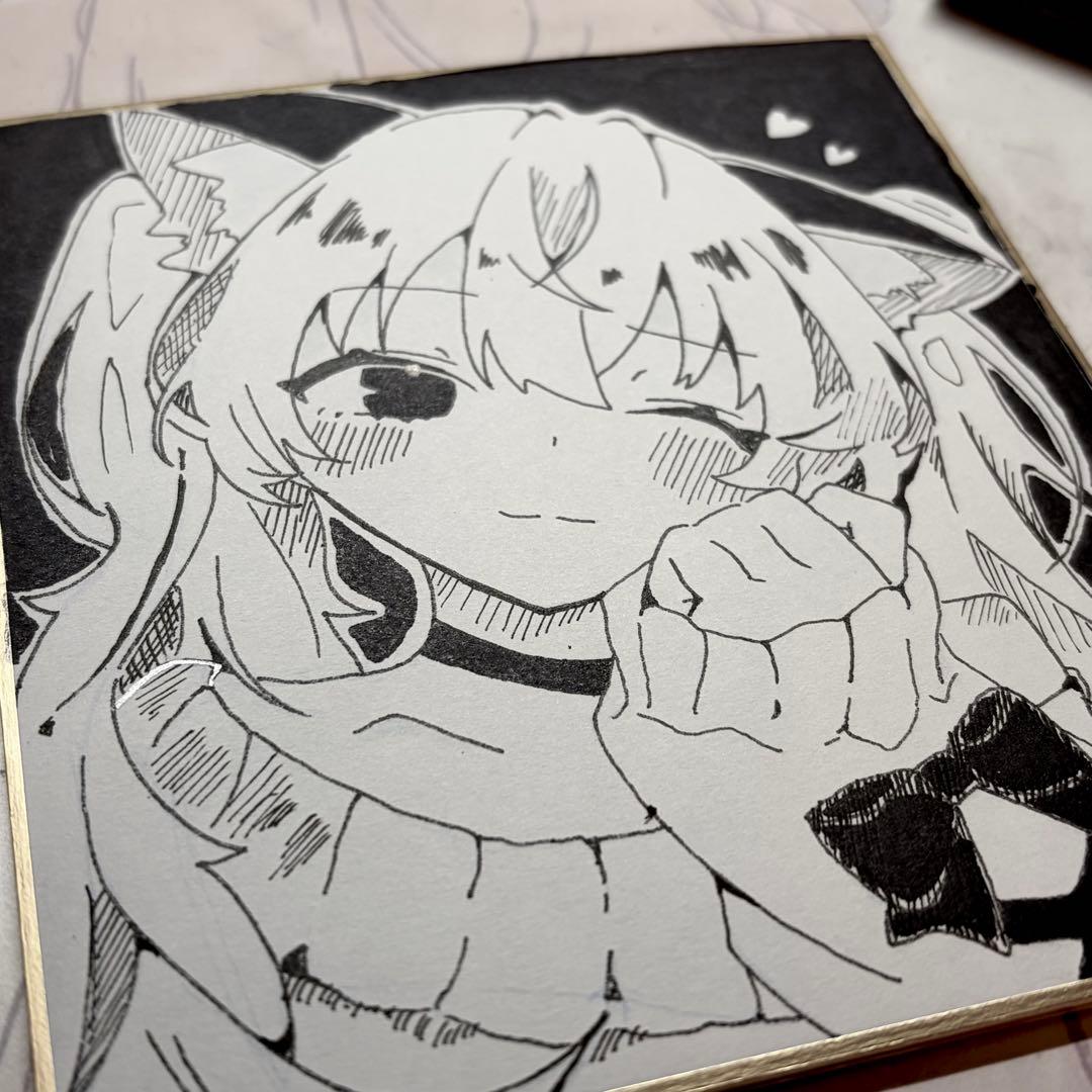 手描き イラスト オリジナル アナログ モノクロ 猫 - メルカリ