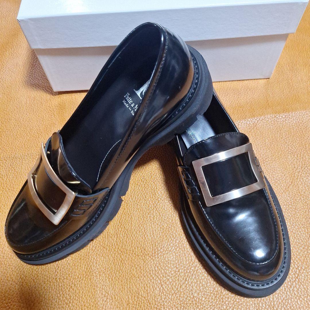 最終★ルカグロッシ 金具プレート 厚底ローファー エナメル★38 ルカ グロッシ Luca Grossi ワントーンビットローファー （ブラック