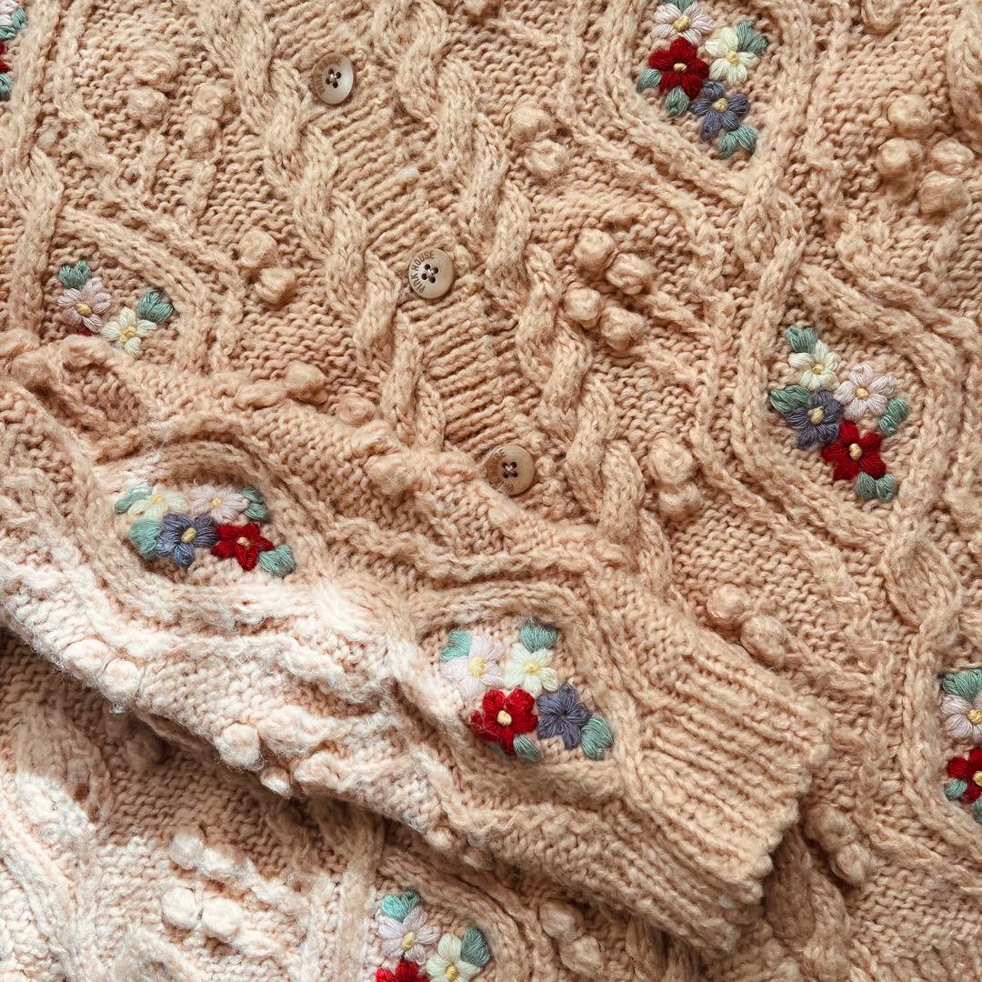 古着 ピンクハウス 花刺繍 ローゲージ手編み アランニット ピンク