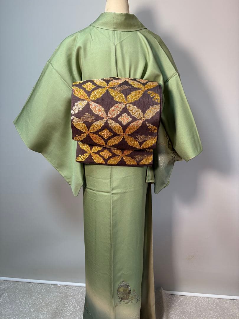 正絹 焦茶色 七宝にうさぎ図 袋帯 450㎝ 訪問着、色無地に 金糸