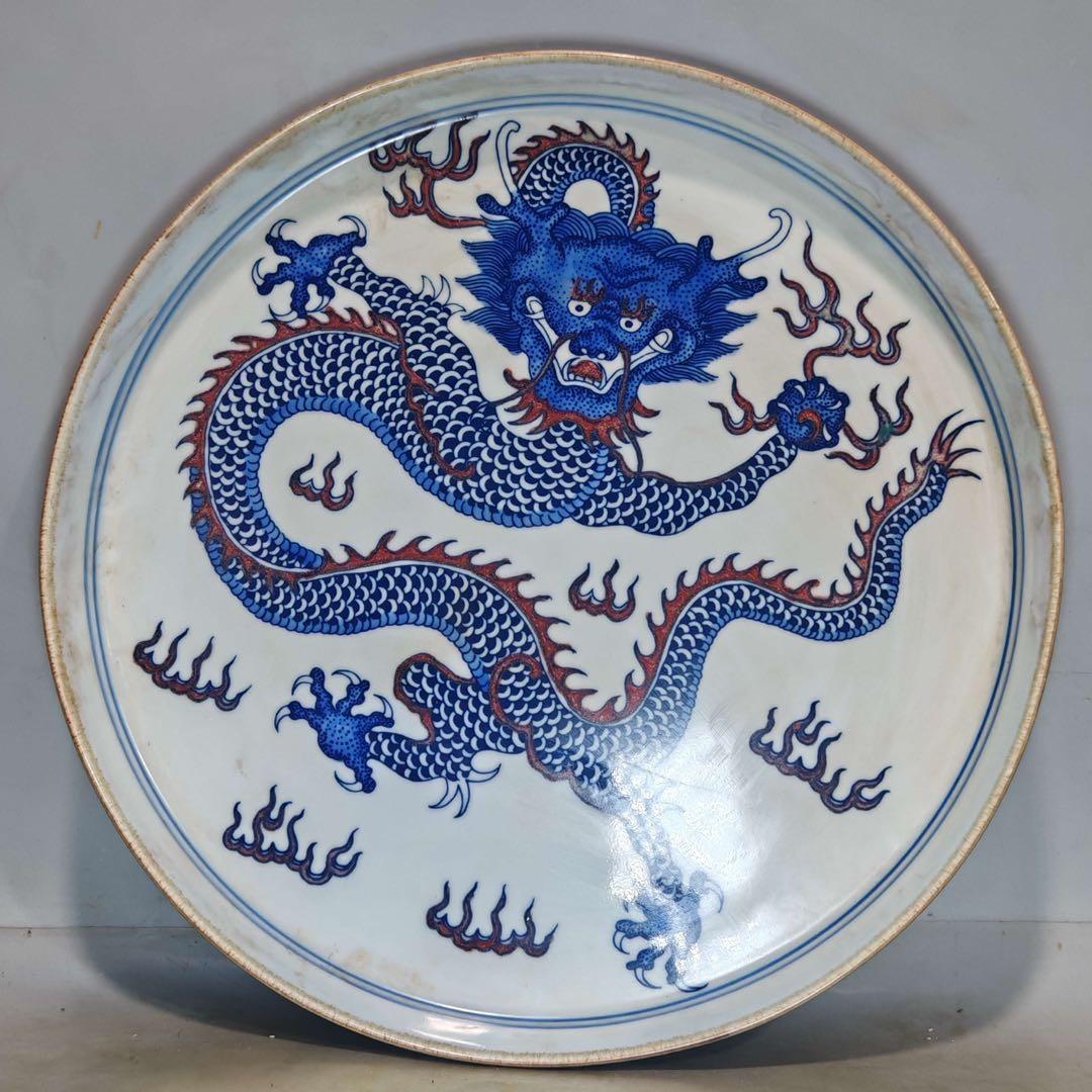 旧家蔵出　時代物　置物　清国時代　大型　青花瓷 お皿 景徳鎮 青花麒麟文大皿 【商品番号m-so003】