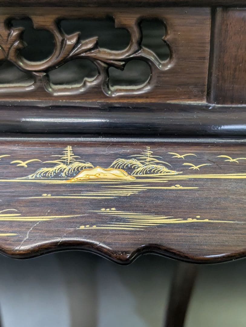 大名道具 唐木 猫脚 木製 透かし彫 花台 高卓 無垢材 黒檀 高蒔絵