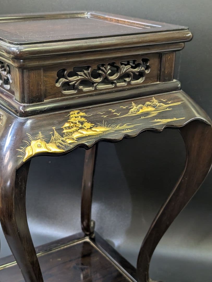 大名道具 唐木 猫脚 木製 透かし彫 花台 高卓 無垢材 黒檀 高蒔絵