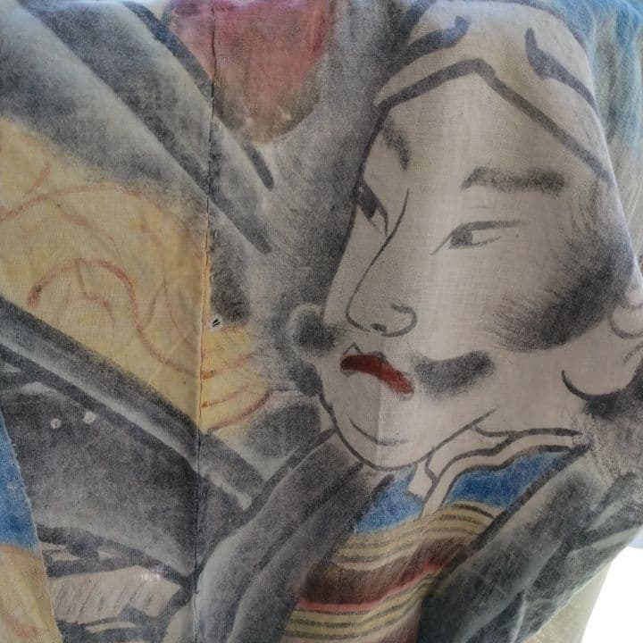 襤褸古布明治時代 のぼり旗手書き、珍品 家紋 襤褸古布藍染