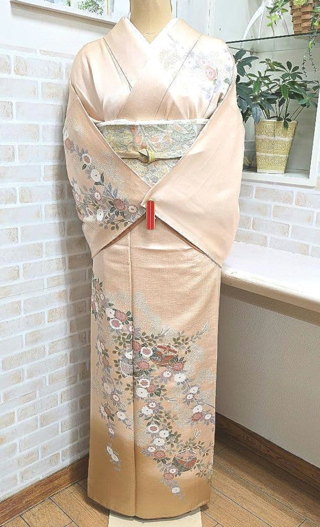 オレンジベージュ糸巻訪問着と袋帯・帯揚げ帯締めの4点フルセット 帯揚げ 帯締め セット 正絹 カジュアル 丸組 黄土色 熨斗 黄土色×茶色