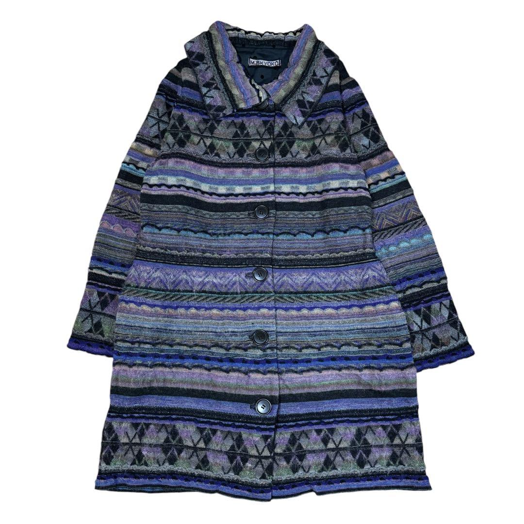 エムアンドキョウコ M.＆KYOKO ニットロングコート 総柄 佐藤繊維 紫