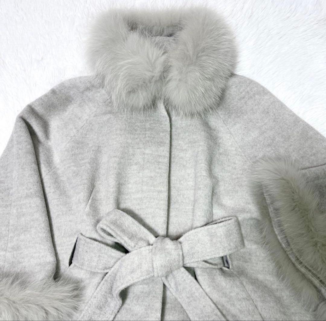 フォックスファー ポンチョ コート ケープ ウール グレー リボン