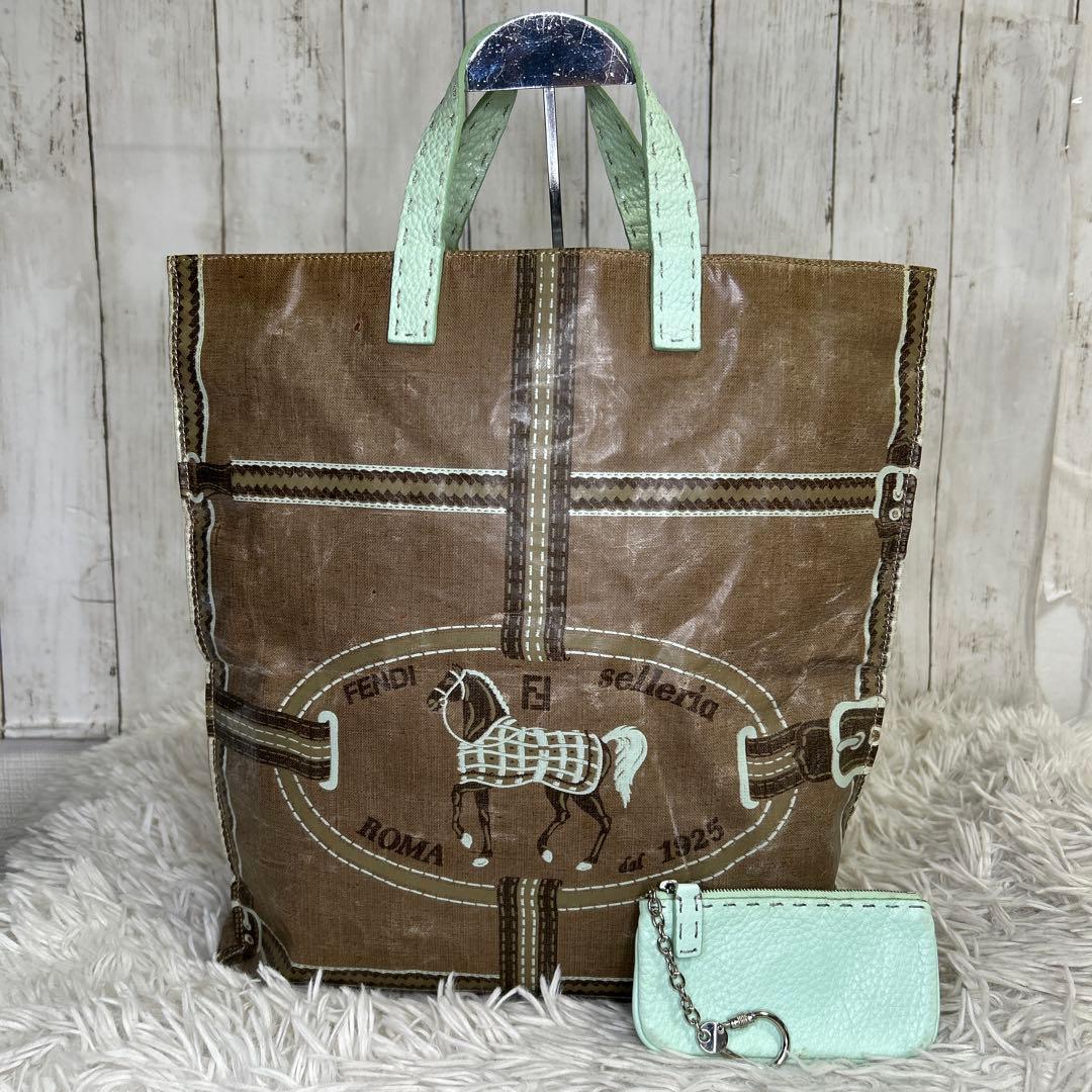 FENDI トートバッグ 馬柄 キーケース レザー ロゴ 水色 麻 セット