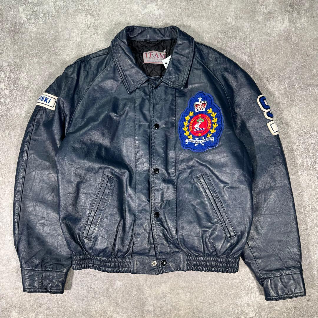90s TEAM SALES スタジャン　レザージャケット　XL相当　ネイビー efa5f26a50b3cc5d089b3d612a872f