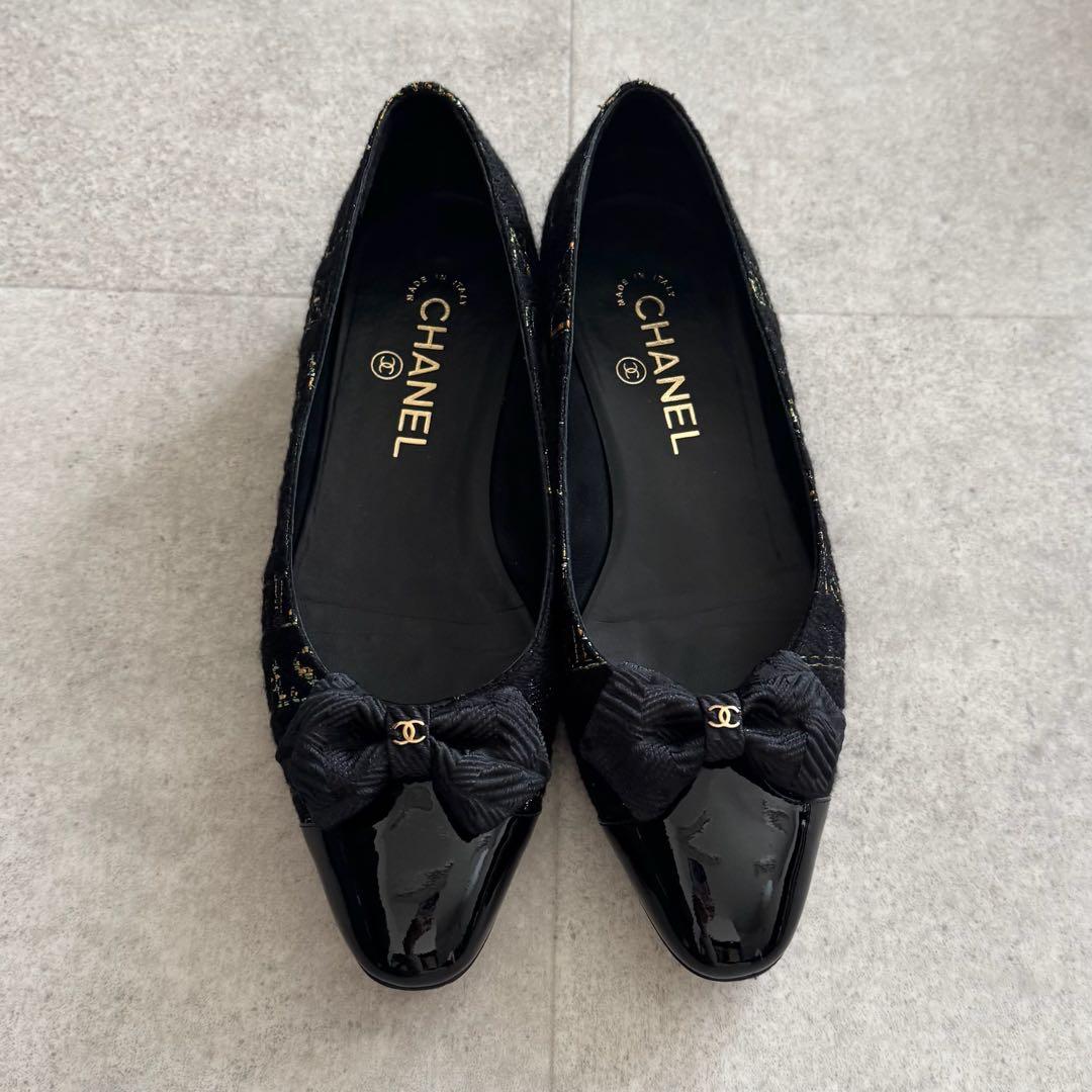 シャネル パンプス ココマーク リボン ツイード 黒 エナメル切替 保存