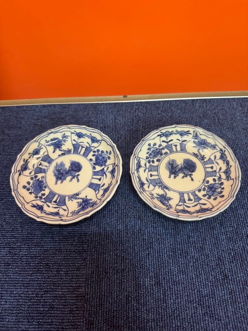 1857  古伊万里　染付青花　大明成化年製銘　皿　2客　時代 古伊万里 大皿 骨董品 ○名品 ≪ 鹿 月 花 ≫ 大明成化年製 染付 直径