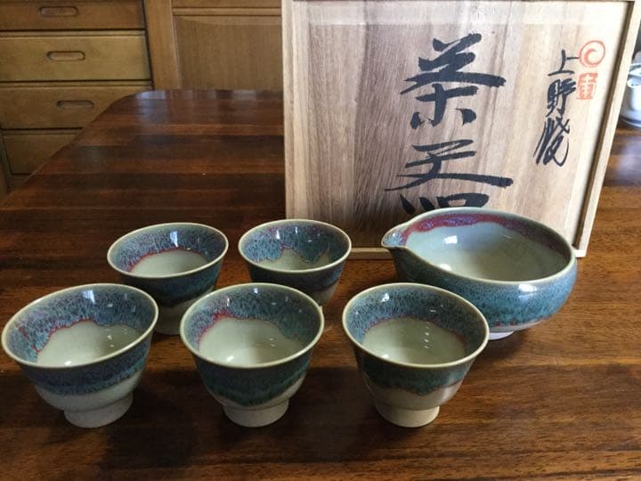 38. 上野焼 煎茶椀5客 湯冷 白川卓甫 作 〇【煎茶碗 湯のみ/汲出し】 桜煎茶茶碗 桜型 5客セット （湯呑み