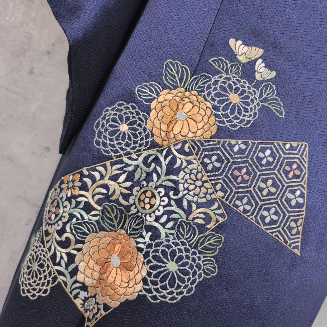 訪問着 フルセット 着物 正絹 青紺 花 相良 刺繍 繊細 F7 - メルカリ