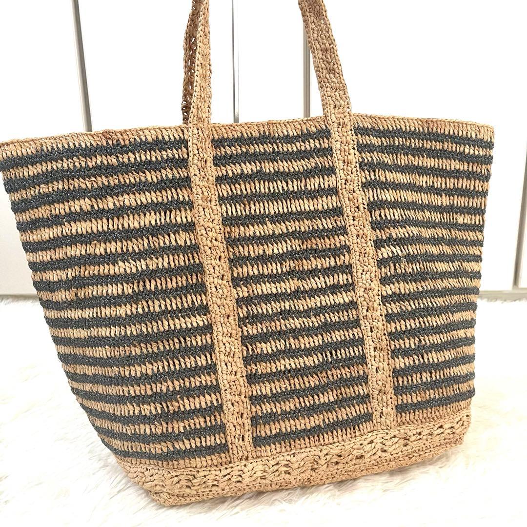 美品】ヴァネッサブリューノ☆かごバッグ ラフィア 大容量 ボーダー