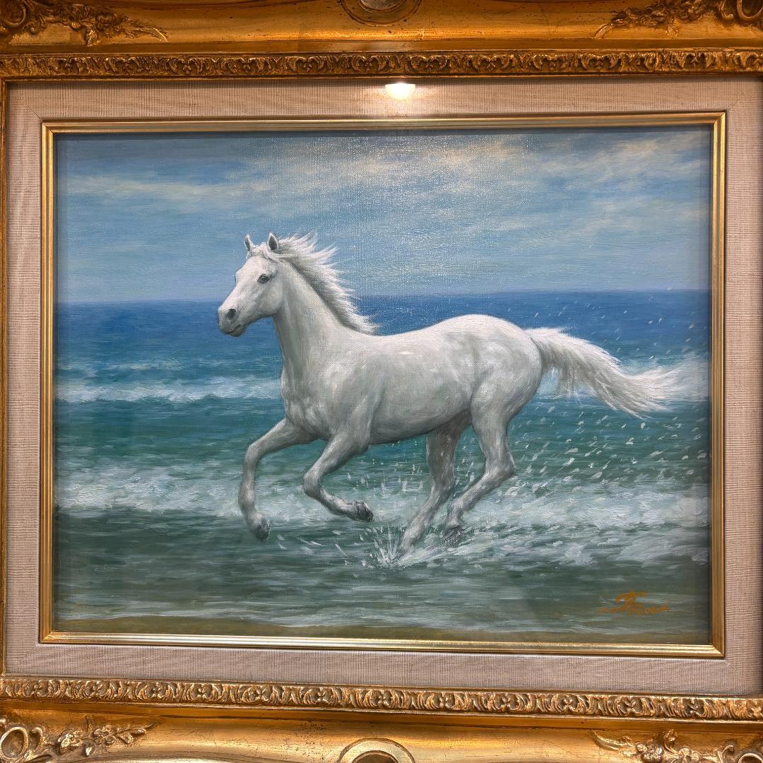 箱付き・F6号】松岡克作 油絵「渚の白い馬」 海辺を駆ける白馬 額装