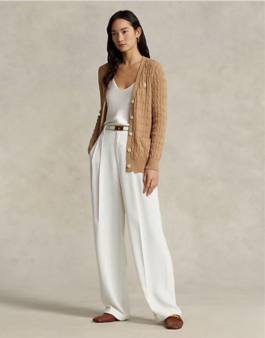 ラルフローレン ケーブルニット カーディガン ベージュ×白ポニー L