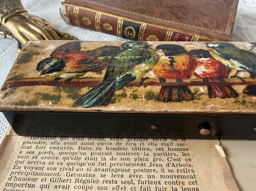 フランスアンティーク パピエマシェ ペンケース 小鳥 小箱 小物入れ