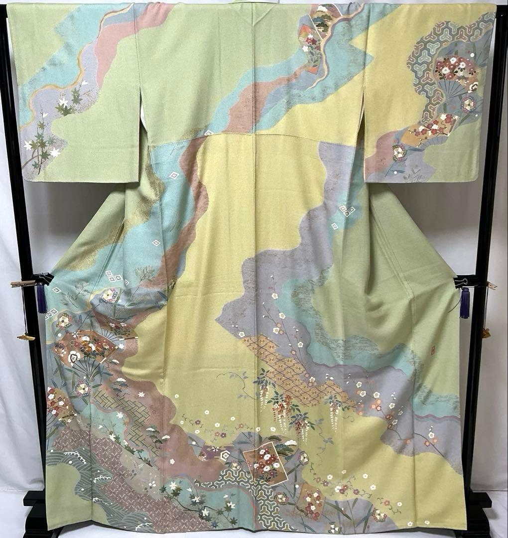 b493 正絹 袷 訪問着 金駒刺繍 金箔 友禅 圭雲 トールサイズ 極美品