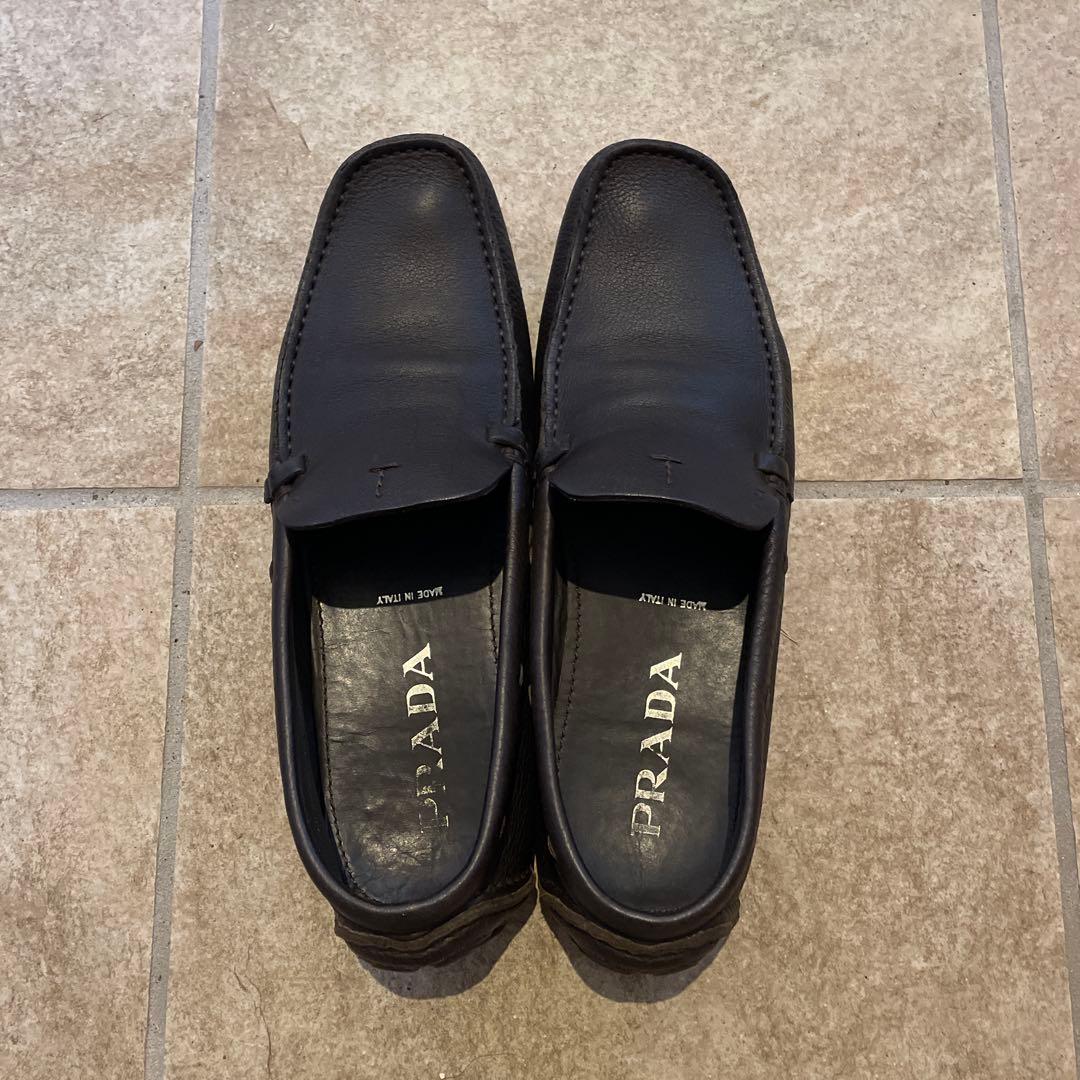 PRADA ドライビングシューズ ブラック PRADA (プラダ) レザー トライアングルロゴ ドライビングシューズ