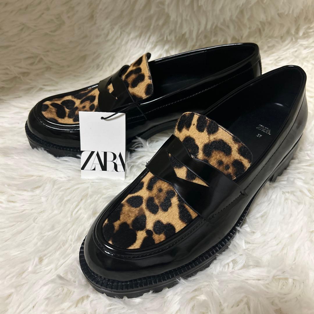 ZARA アニマルプリント レオパード柄 ローファー ブラック - メルカリ