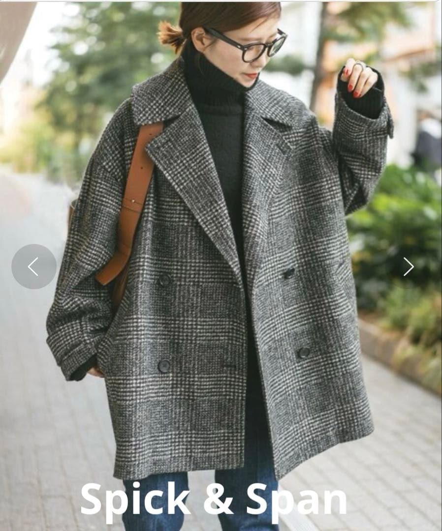 Spick&Span Wスライバーチェックハーフコート ブラック36 Spick & Span（スピックアンドスパン）の「Wスライバーチェックハーフ