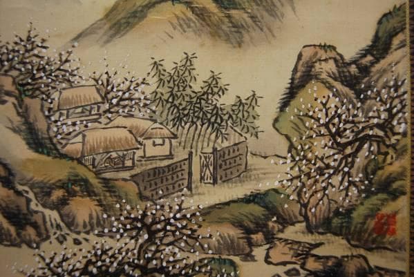 真作/森琴石/青緑春景山水画賛/軸先紫檀/桐題箱付/布袋屋掛軸HB-767 真作/森琴石/青緑春景山水画賛/軸先紫檀/桐題箱付/布袋屋掛軸HB-767 真