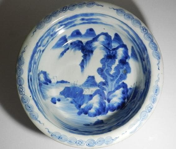 古伊万里染付山水図大鉢 裏印「乾」（概数 D22cm、H8cm