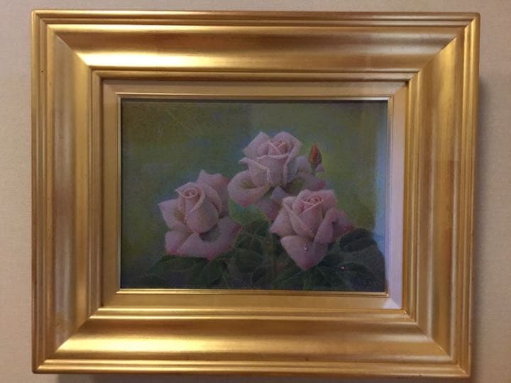 お値下げ　油絵　佐藤哲郎　麗しい薔薇の絵　『爽風』　一滴の雫　美しい点描画　４号 お値下げ 油絵 佐藤哲郎 麗しい薔薇の絵 『爽風』 一滴の雫 美しい点