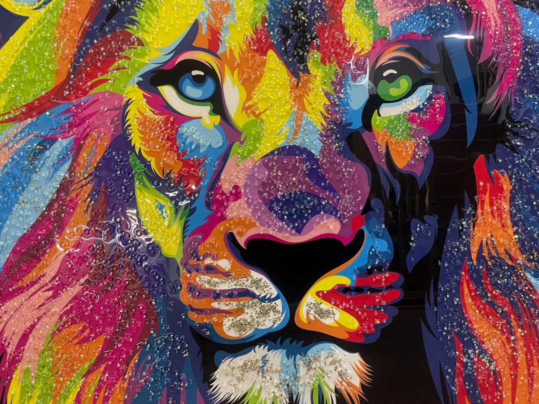 水晶絵 ライオン 幅80 カラフル アニマル アートパネル 絵画 ペイント 絵